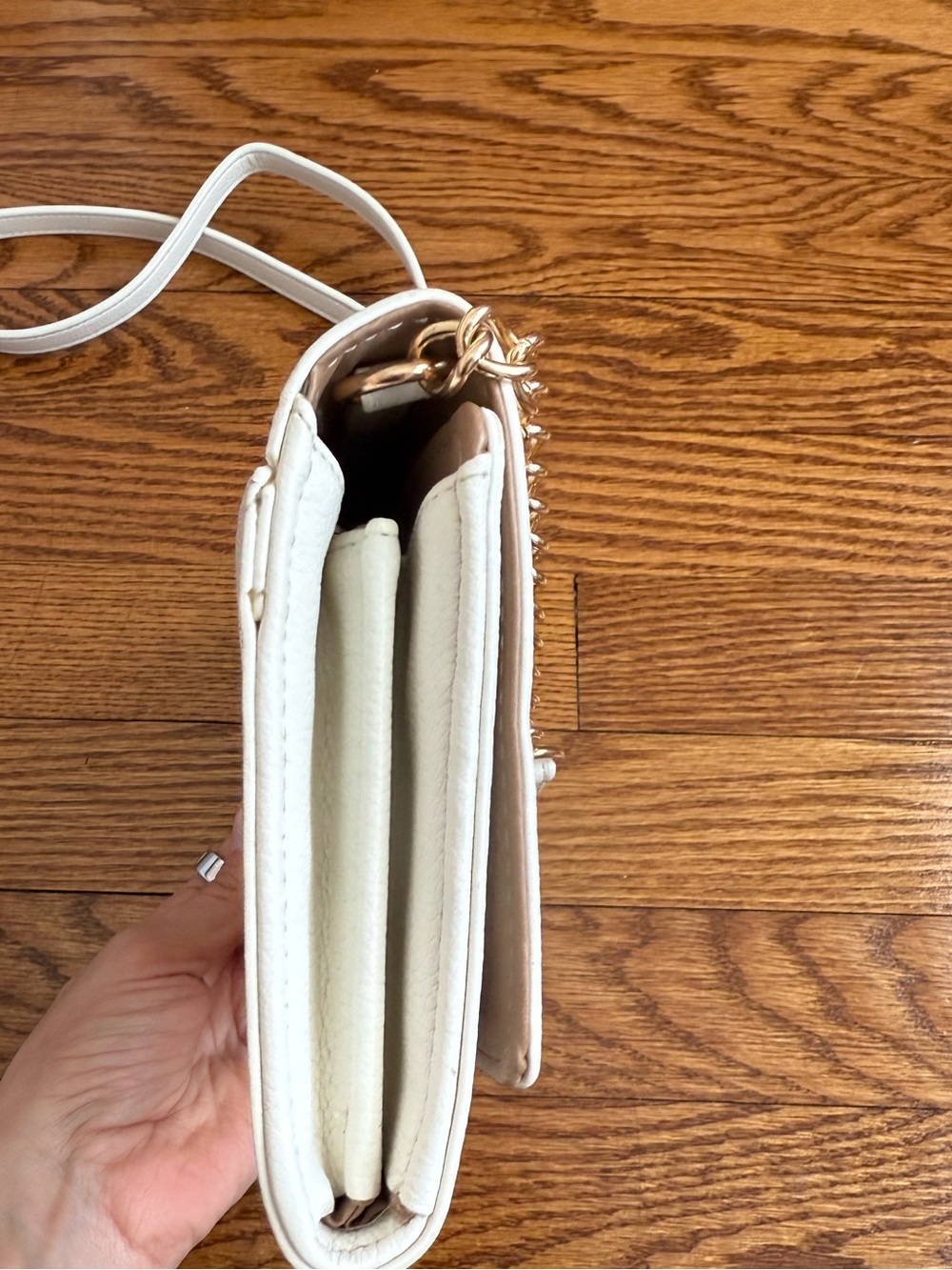 Anne Klein White Pebble Faux Leather Crystal Gold Crossbody Clutch Bag Like New - Picture 7 of 8